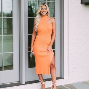 Ribbed Mock Neck Dress-Orange